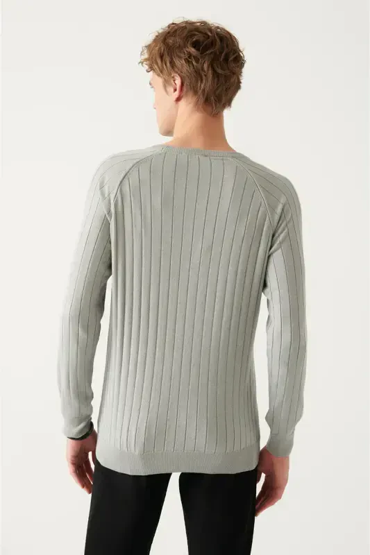 Erkek Gri Bisiklet Yaka Jakarlı Triko Kazak A22Y5179-Gri - 4