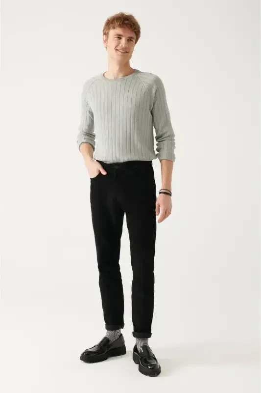 Erkek Gri Bisiklet Yaka Jakarlı Triko Kazak A22Y5179-Gri - 5