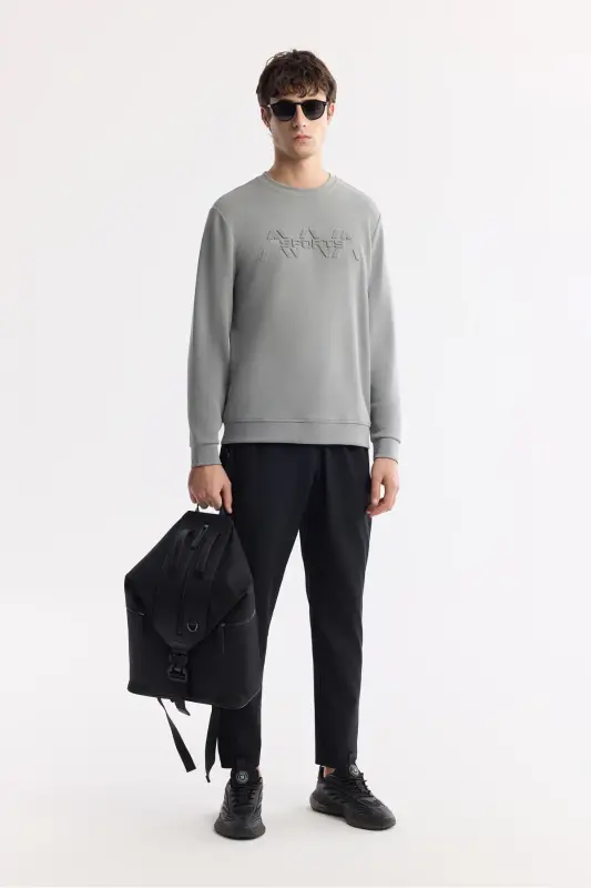 Erkek Gri Bisiklet Yaka Baskılı Soft Touch Regular Fit Sweatshirt A51Y1231 - Gri - 6