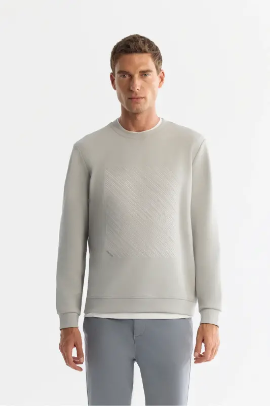 Erkek Gri Bisiklet Yaka Pamuklu Baskılı Elastan Regular Fit Sweatshirt A42Y1243 - Gri - 1