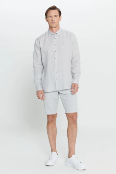 Erkek Gri Comfort Fit Rahat Kesim %100 Keten Düğmeli Yaka Gömlek - ALTINYILDIZ CLASSICS (1)