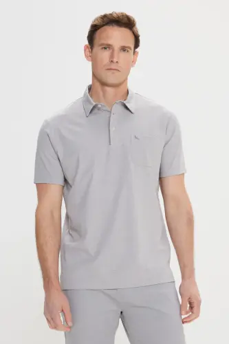 Erkek Gri Comfort Fit Rahat Kesim Polo Yaka Pamuklu Kısa Kollu Tişört-Gri - 3