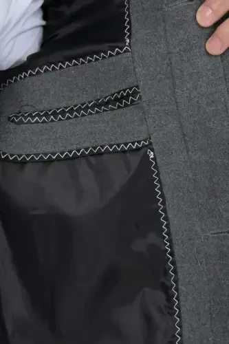 Erkek Gri Dar Kesim Uzun Yün Karışımlı Kaşe Gömlek Yaka Palto&kaban-GRİ - 2