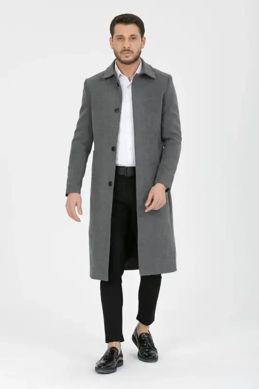 Erkek Gri Dar Kesim Uzun Yün Karışımlı Kaşe Gömlek Yaka Palto&kaban-GRİ - 3