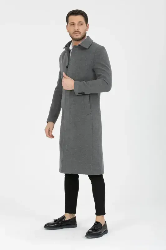 Erkek Gri Dar Kesim Uzun Yün Karışımlı Kaşe Gömlek Yaka Palto&kaban-GRİ - 4