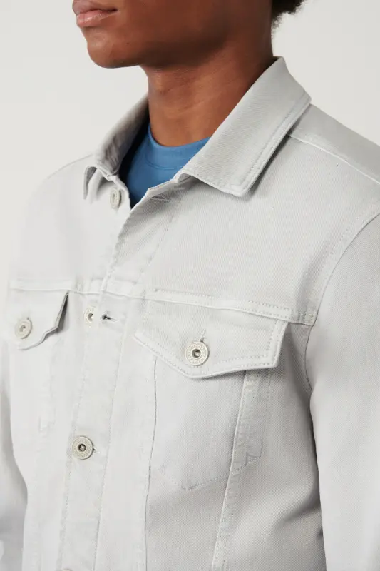 Erkek Gri Klasik Yaka Garment Dyed Cepli Comfort Fit Denim Ceket A41Y6020 - Gri - 2