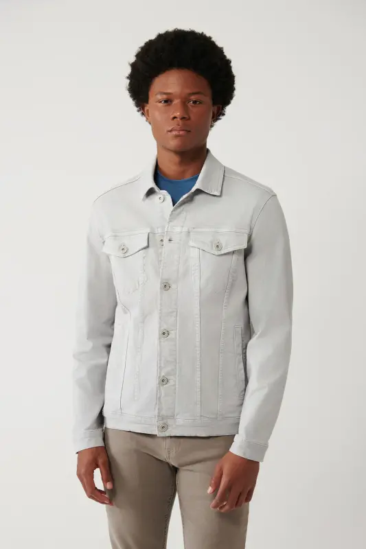 Erkek Gri Klasik Yaka Garment Dyed Cepli Comfort Fit Denim Ceket A41Y6020 - Gri - 3