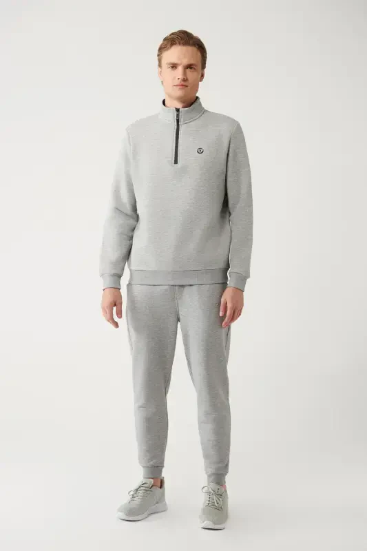 Erkek Gri Dik Yaka Fermuarlı 3 İplik Şardonlu Regular Fit Sweatshirt E001020-Gri - 5