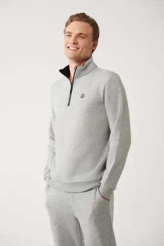 Erkek Gri Dik Yaka Fermuarlı 3 İplik Şardonlu Regular Fit Sweatshirt E001020 - Gri 