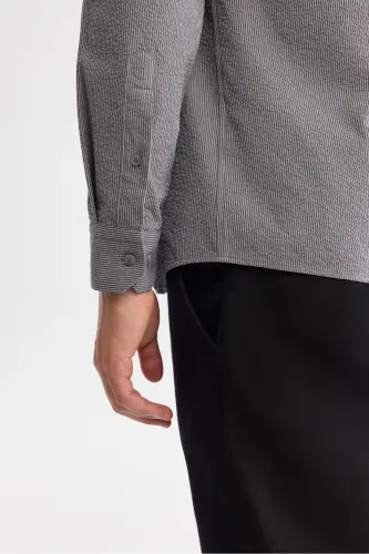 Erkek Gri Düğmeli Yaka Kolay Ütülenen Çizgili Slim Fit Gömlek A42Y2098 - Gri - 4