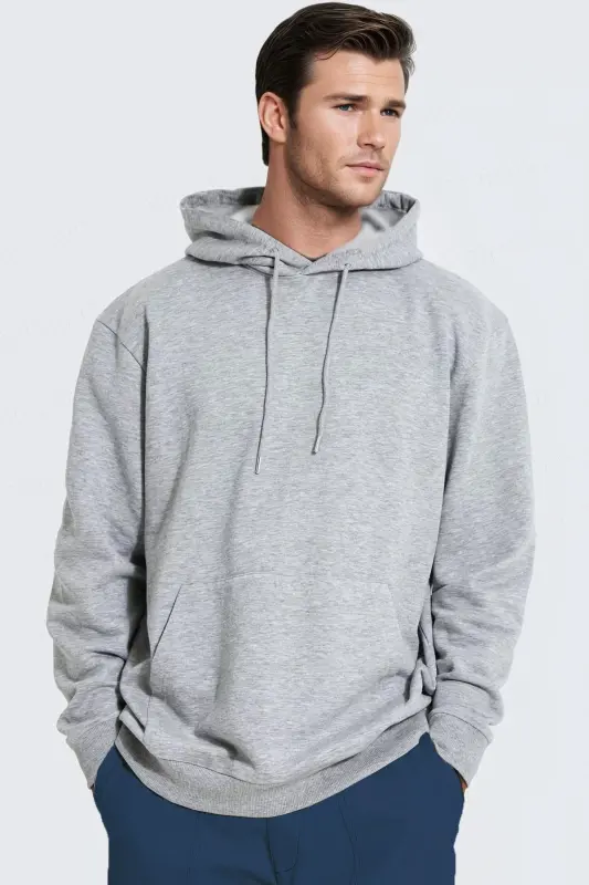 Erkek Gri Düz Kapüşonlu Oversize 3 iplik Şardonlu Salaş Bol Kesim Hoodie Sweatshirt - Gri - 1