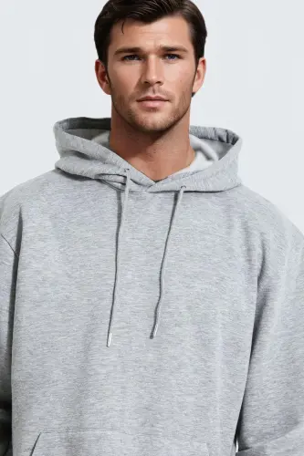 Erkek Gri Düz Kapüşonlu Oversize 3 iplik Şardonlu Salaş Bol Kesim Hoodie Sweatshirt - Gri - 3