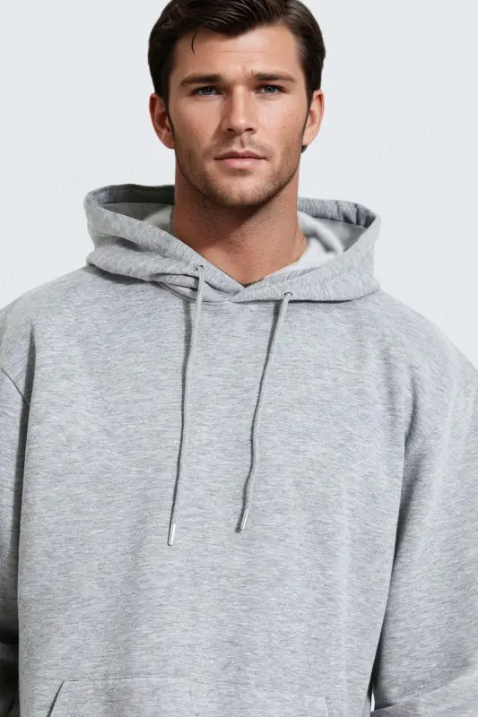 Erkek Gri Düz Kapüşonlu Oversize 3 iplik Şardonlu Salaş Bol Kesim Hoodie Sweatshirt - Gri - 3