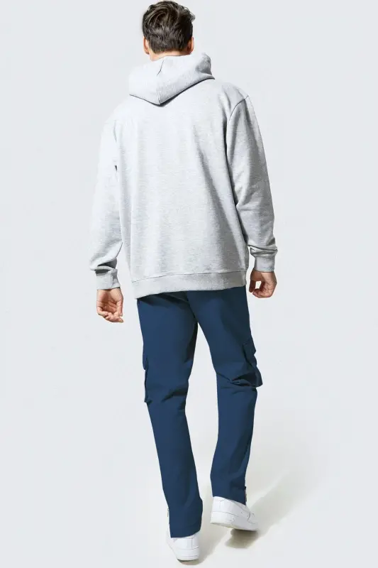 Erkek Gri Düz Kapüşonlu Oversize 3 iplik Şardonlu Salaş Bol Kesim Hoodie Sweatshirt - Gri - 4
