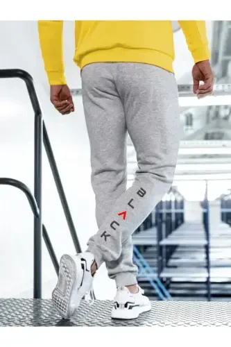 Erkek Gri Eşofman Altı Blac Baskılı Pamuklu Dar Paça Jogger-GRİBLACK - 1