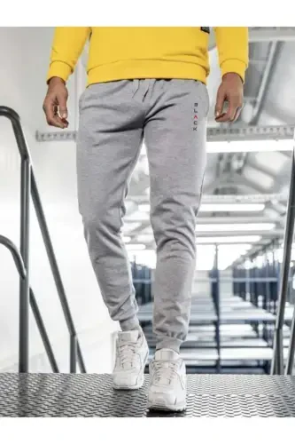 Erkek Gri Eşofman Altı Blac Baskılı Pamuklu Dar Paça Jogger-GRİBLACK - 2