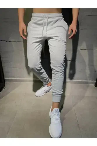 Erkek Gri Eşofman Altı Jogger Dar Paça Pamuklu Slim Fit-Siyah - 1