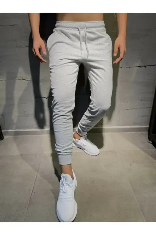 Erkek Gri Eşofman Altı Jogger Dar Paça Pamuklu Slim Fit-Siyah - 3