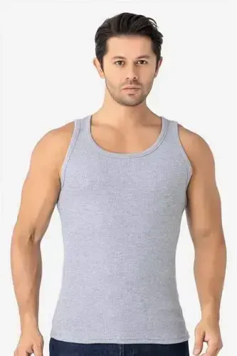 Erkek Gri Fitilli Atlet Pamuklu Likralı Kaşkorse Halter Yaka Slim Fit Atlet - 1