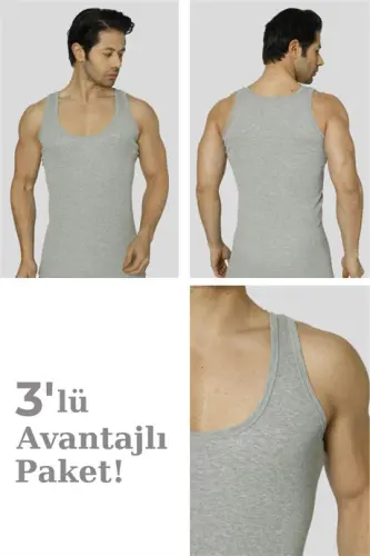 Erkek Gri Fitilli Kaşkorse Atlet 3'lü Paket Likralı - 1