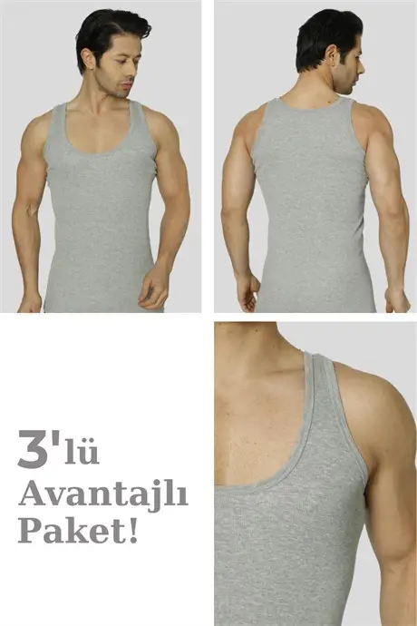 Erkek Gri Fitilli Kaşkorse Atlet 3'lü Paket Likralı - 1