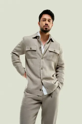 Erkek Gri Klasik Yaka %100 Keten Comfort Fit Gömlek A41Y2087 - Gri - 3