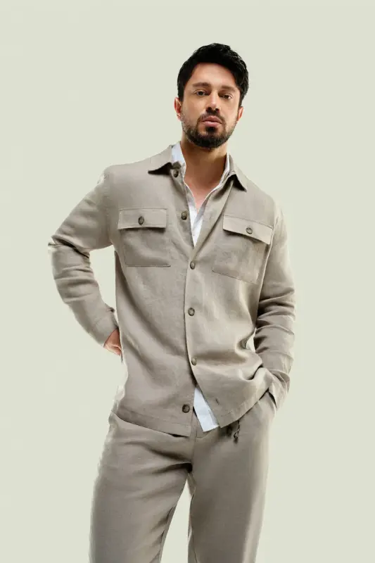 Erkek Gri Klasik Yaka %100 Keten Comfort Fit Gömlek A41Y2087 - Gri - 3