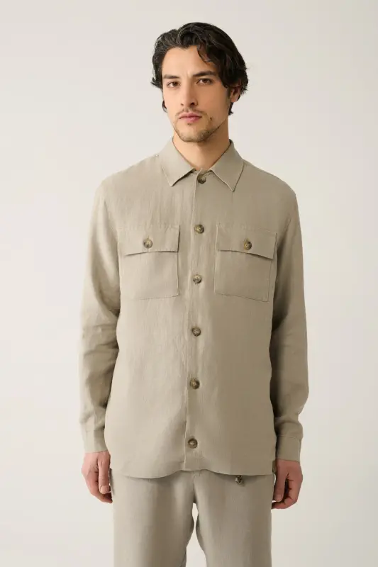 Erkek Gri Klasik Yaka %100 Keten Comfort Fit Gömlek A41Y2087 - Gri - 4