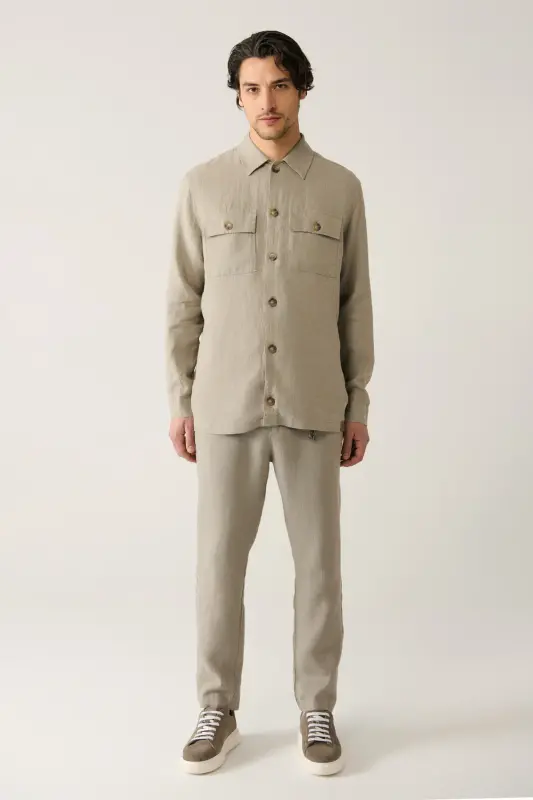 Erkek Gri Klasik Yaka %100 Keten Comfort Fit Gömlek A41Y2087 - Gri - 8