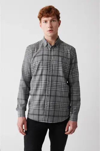 Erkek Gri Düğmeli Yaka Ekoseli Flanel Comfort Fit Gömlek A32Y2062 - Gri - 4