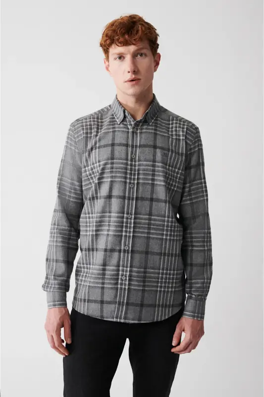 Erkek Gri Düğmeli Yaka Ekoseli Flanel Comfort Fit Gömlek A32Y2062 - Gri - 4