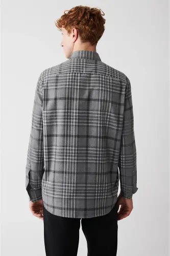 Erkek Gri Düğmeli Yaka Ekoseli Flanel Comfort Fit Gömlek A32Y2062 - Gri - 5