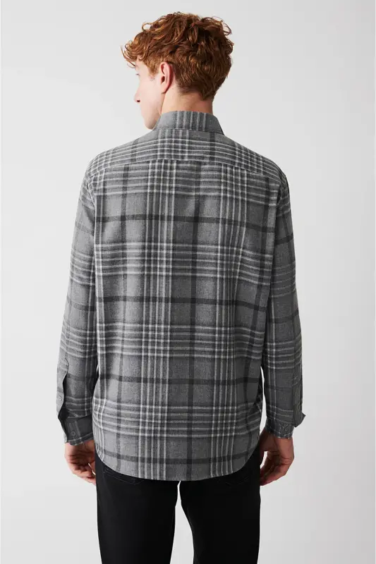 Erkek Gri Düğmeli Yaka Ekoseli Flanel Comfort Fit Gömlek A32Y2062 - Gri - 5