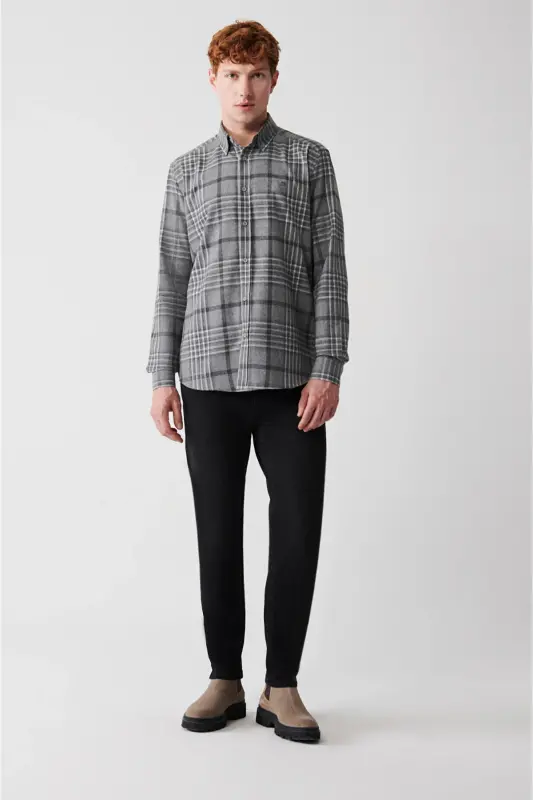 Erkek Gri Düğmeli Yaka Ekoseli Flanel Comfort Fit Gömlek A32Y2062 - Gri - 6