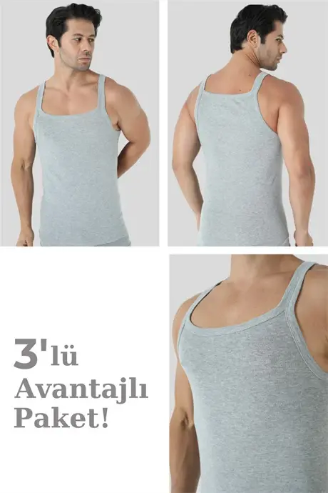 Erkek Gri İnce Askılı Atlet %100 Pamuk 3'lü Ekonomik Paket - BÜYÜKBEDENIZ