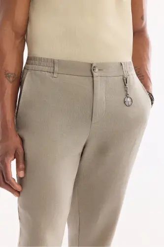 Erkek Gri Beli Lastikli %100 Keten Relaxed Fit Pantolon B003032 - Gri - 5