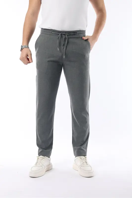 Erkek Kumaş Pantolon Jogger Kesim Slim Fit Likralı Gri - Beli Lastikli & Rahat Kesim - GRİ - 1
