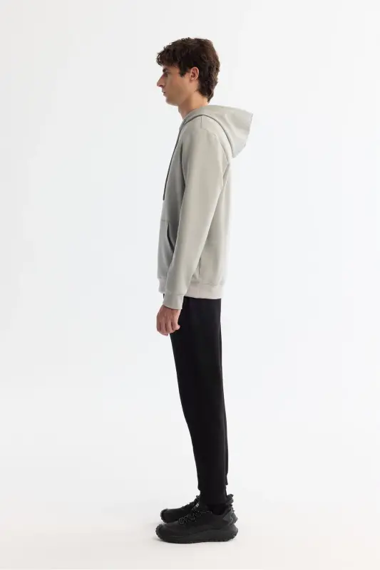 Erkek Gri Kapüşonlu Pamuklu Baskılı Elastan Regular Fit Sweatshirt A42Y1324 - Gri - 3