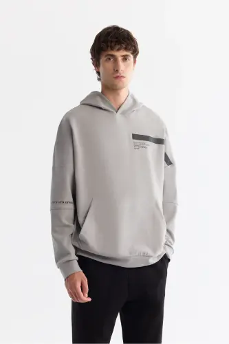 Erkek Gri Kapüşonlu Pamuklu Baskılı Elastan Oversize Fit Sweatshirt A42Y1289 - Gri 