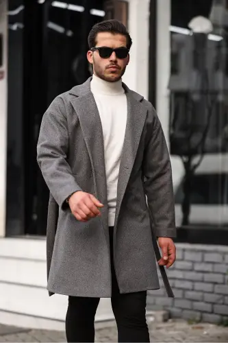 Erkek Gri Kemerli Oversize Rahat Kesim Kaşe Kaban - GRİ 