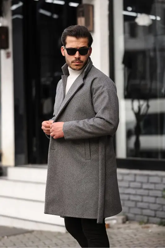 Erkek Gri Kemerli Oversize Rahat Kesim Kaşe Kaban - GRİ - 3