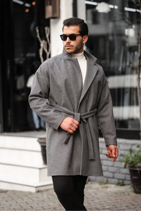 Erkek Gri Kemerli Oversize Rahat Kesim Kaşe Kaban - GRİ - 4