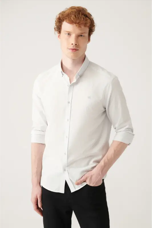 Erkek Gri Keten Dokulu Gömlek E002141-Gri - 3