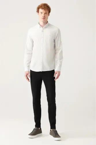 Erkek Gri Düğmeli Yaka %100 Pamuk Keten Dokulu Comfort Fit Gömlek E002141 - Gri - 5