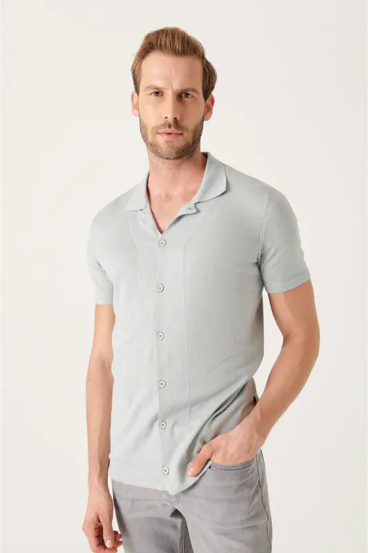 Erkek Gri Apaj Yaka Düğmeli Triko Regular Fit T-Shirt B005008 - Gri - 1