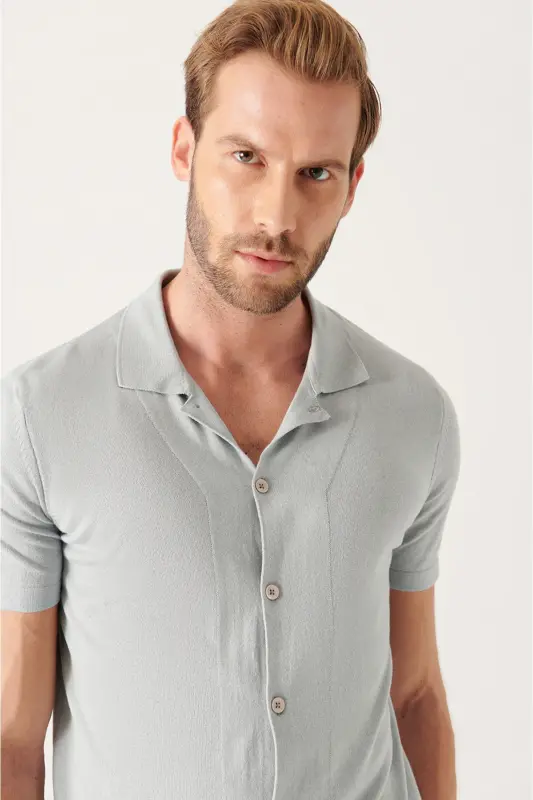 Erkek Gri Apaj Yaka Düğmeli Triko Regular Fit T-Shirt B005008 - Gri - 2