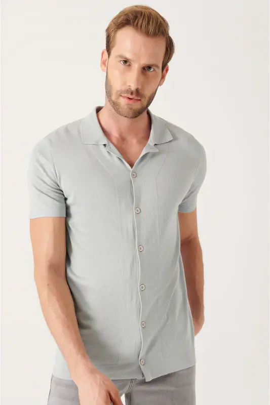 Erkek Gri Apaj Yaka Düğmeli Triko Regular Fit T-Shirt B005008 - Gri - 3