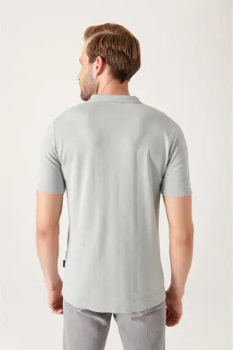Erkek Gri Apaj Yaka Düğmeli Triko Regular Fit T-Shirt B005008 - Gri - 4
