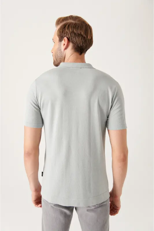 Erkek Gri Apaj Yaka Düğmeli Triko Regular Fit T-Shirt B005008 - Gri - 4