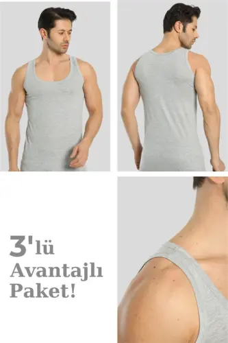 Erkek Gri Loklu Atlet 3'lü Paket %100 Pamuklu - 1
